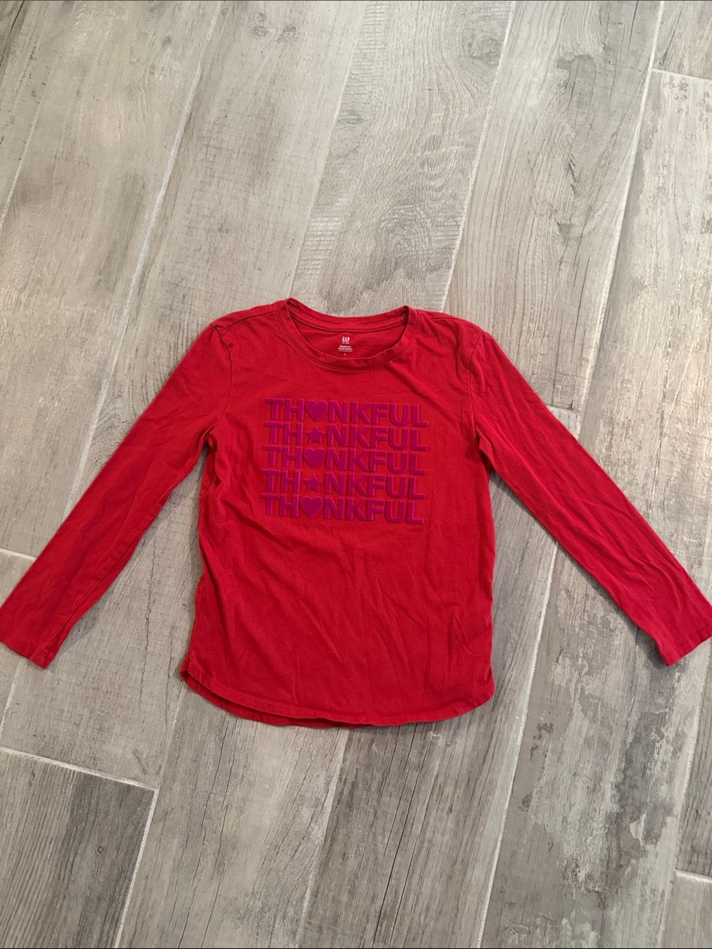 GAP Red Long-Sleeve Tee with Purple 'THANKFUL' Graphic